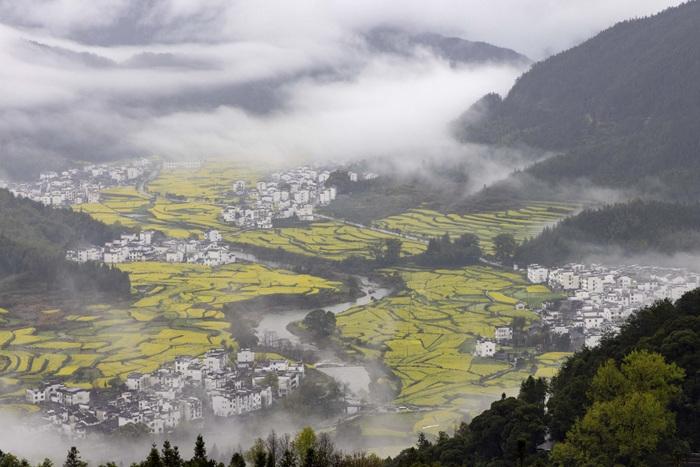 雨中婺源鄉村云霧繚繞美不勝收